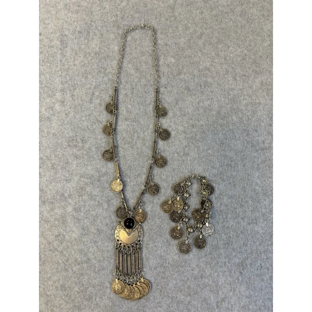 Vtg Boho Silver Coin Tassel Statement Necklace Bracelet Gypsy Festival Jewelry